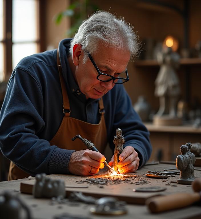 L'artigiano di Stelo Prezioso intento a saldare un dettaglio di una scultura metallica nel suo laboratorio fiorentino.