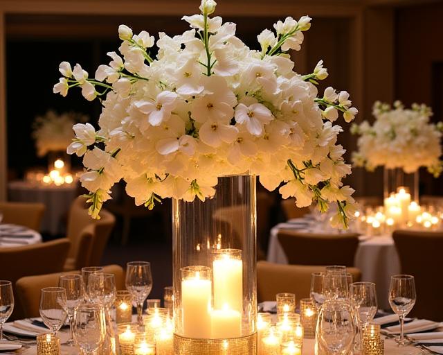 Un grande e opulento centrotavola per un evento di gala, con orchidee cascanti, calle bianche e candele fluttuanti in un vaso di vetro.