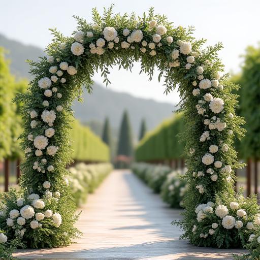 Un elegante arco nuziale ricoperto di fiori bianchi e vegetazione.