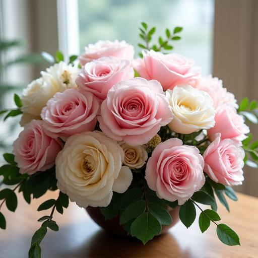 Una lussuosa composizione floreale personalizzata con rose e peonie.